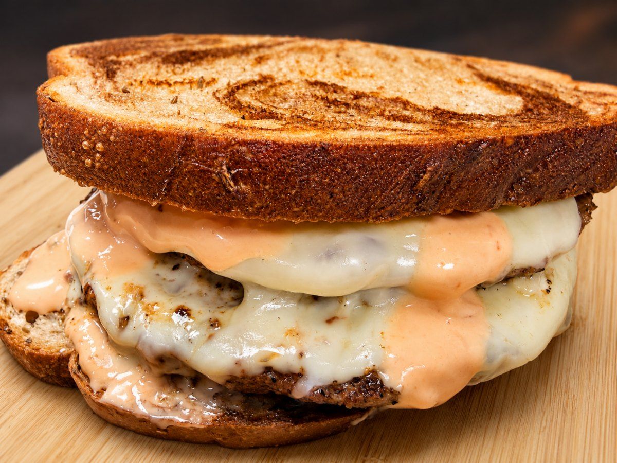 Swiss Melt burger on toasted marble rye with melted Swiss and Thousand Island